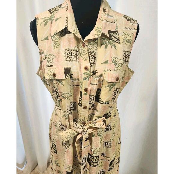 Tropical Al Silk Wooden Button Shirt Dress Large Palm Trees Paradise Sleeveless - Picture 2 of 7